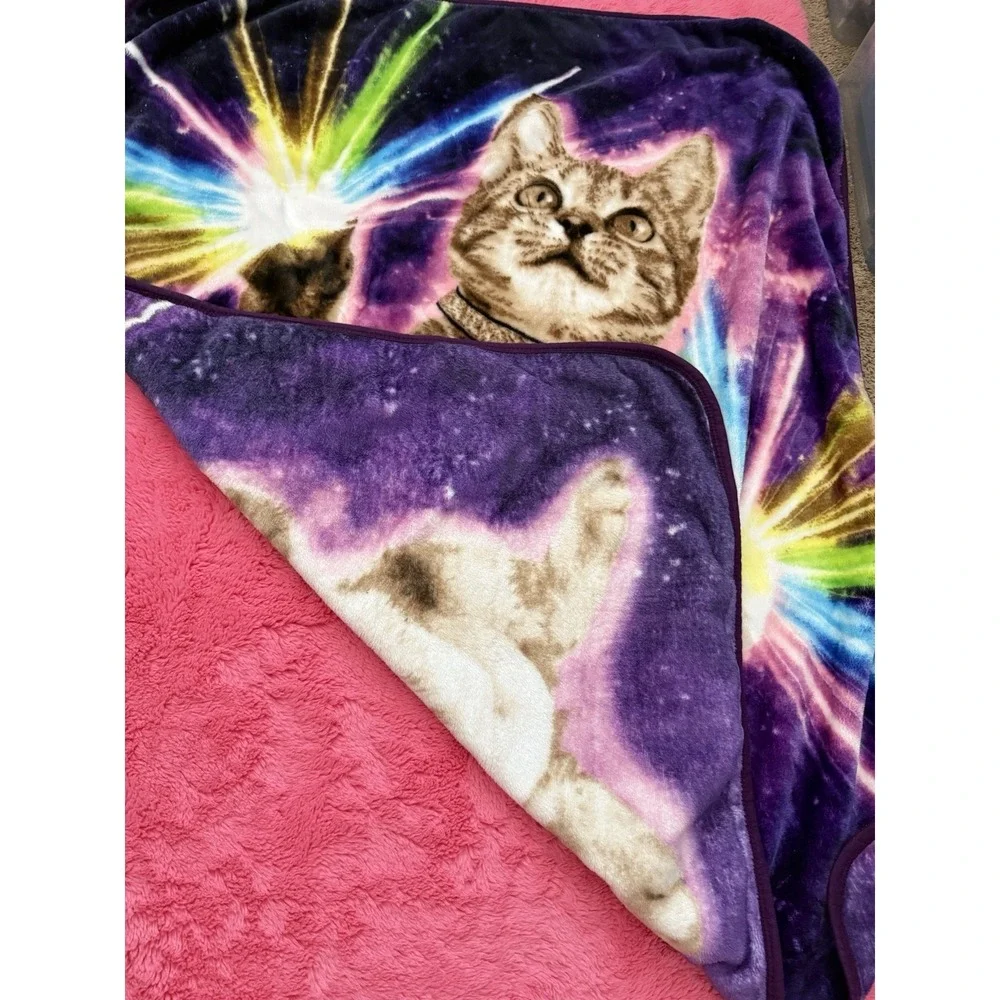 Cat Galaxy Fleece Throw Blanket Colorful Space Kitty Soft Plush Throw